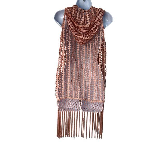 POL Duster Vest Crochet Fringe Trim Hood Size S Dark Blush Pink Boho Rave Indie - Picture 8 of 8